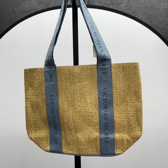 Victoria's Secret Logo Straw Denim Tote Bag - Picture 3 of 4